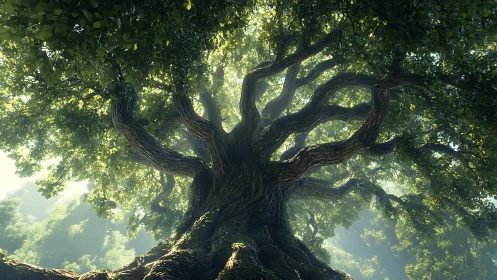 Massive old tree trunk viewed from below with radiating limbs
