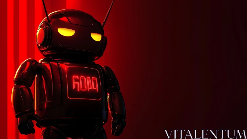 Red illuminated robot figure against dark gradient background.