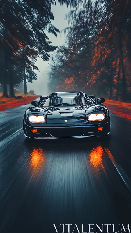 Supercar races through wet forest road in autumn rain.