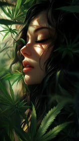 Soft daylight on dreaming face within wild green leaves.