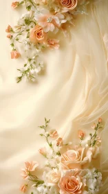 Soft peach florals cascade over draped satin fabric ground