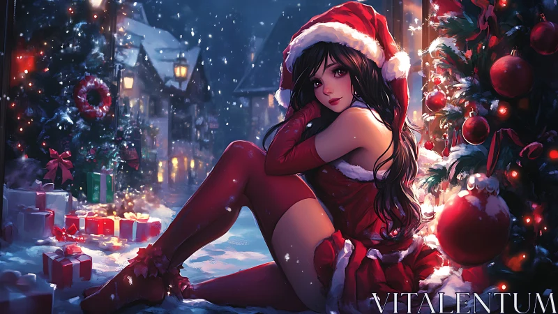 Santa cosplay girl rests by glowing Christmas tree at night.