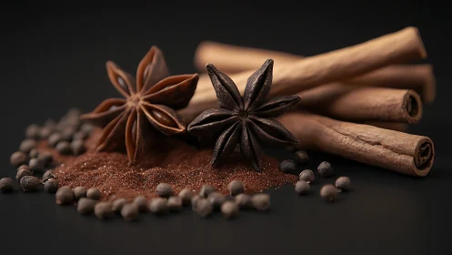 Star anise, cinnamon sticks and peppercorns rest on ground spice