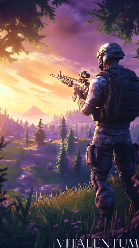 Soldier overlooks pine valley at vivid sunset horizon.