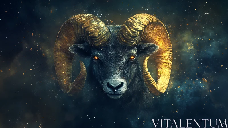 Celestial ram portrait with luminous horns and nebular particle field