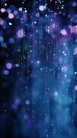 Vertical rain streaks fall against defocused blue and violet lights