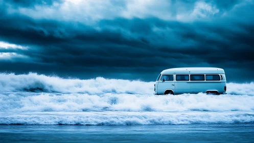 Surfside camper van riding the waves under stormy skies.