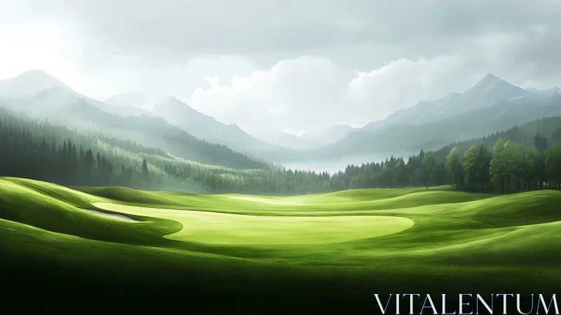 Mountain valley golf green under overcast sky conditions.