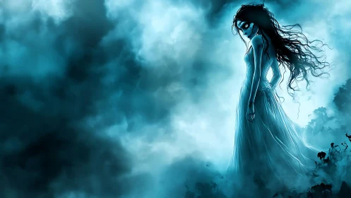 Mysterious ghostly girl drifting through blue misty night.