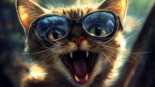 Feline portrait with eyewear and expressive features.