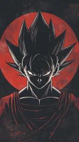 Stylized anime warrior silhouetted against a crimson eclipse