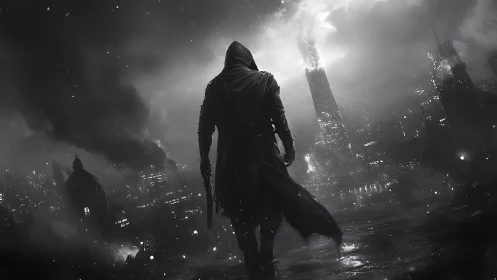 Hooded vigilante in rain-soaked dystopian cityscape at night.
