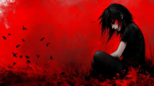 Crimson sky leans close to a lonely figure curled in shadow