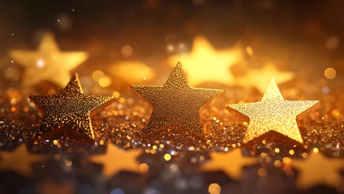 Golden textured stars on glittering bokeh background.