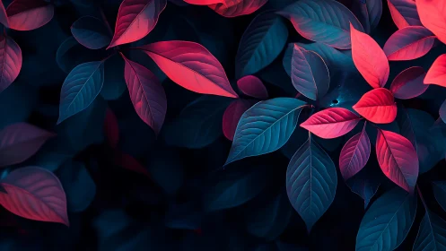 Neon-lit leaves glow in a moody crimson and teal twilight