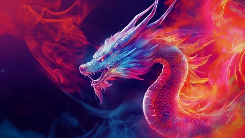 Radiant neon dragon coils through swirling cosmic flames