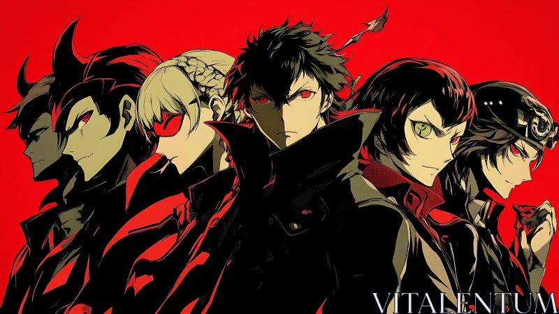 Bold anime heroes line up in striking red and black style