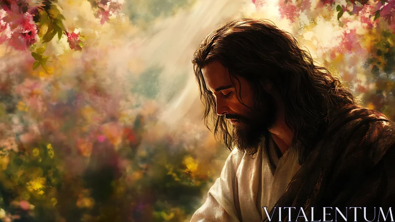 Serene robed man in sunlit garden of soft blossoms.