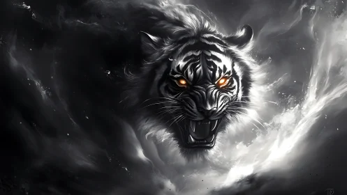 Stormborne phantom tiger roars through swirling starlit smoke.