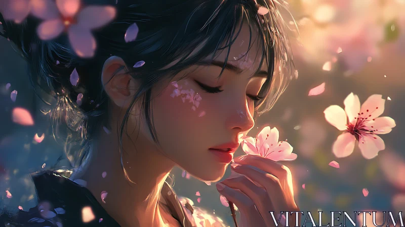 Softly illuminated girl amid drifting cherry blossoms.