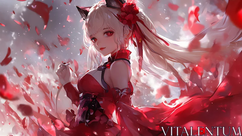 Crimson petals swirling around fox-eared anime heroine.