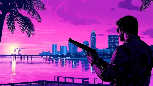 Neon lit shoreline skyline observed by armed silhouetted figure