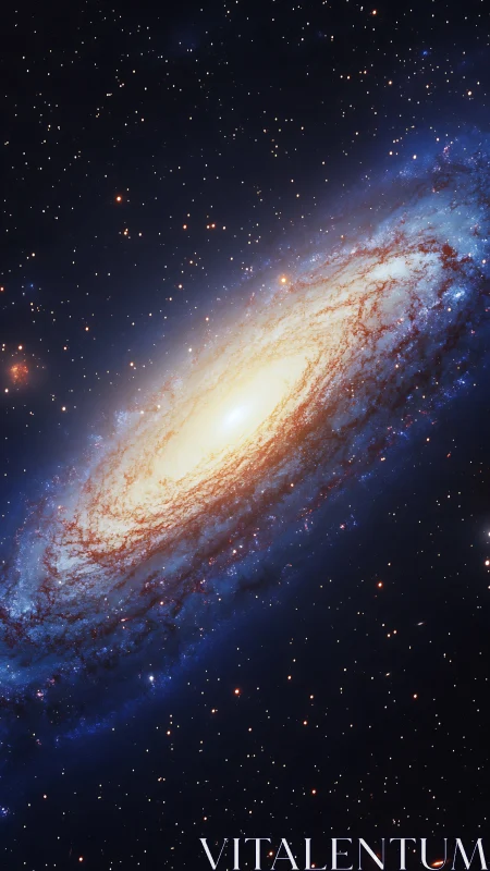 Edge-on spiral galaxy with bright core and starfield backdrop.