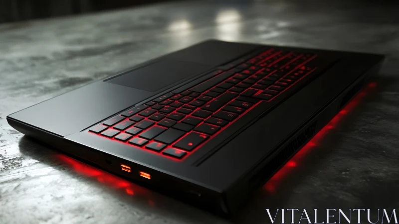 Sleek gaming laptop with red backlit keyboard on metal desk.