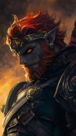 Armored fantasy figure in profile with fiery background.