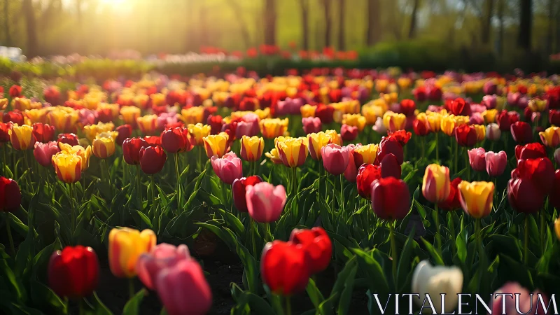 Vibrant tulip field with red, yellow, and pink blooms in golden sunlight