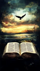 Open ancient book glows beneath symbolic soaring bird at dusk.