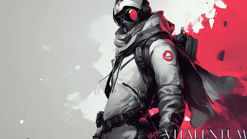 Futuristic tactical soldier stands against red abstract backdrop