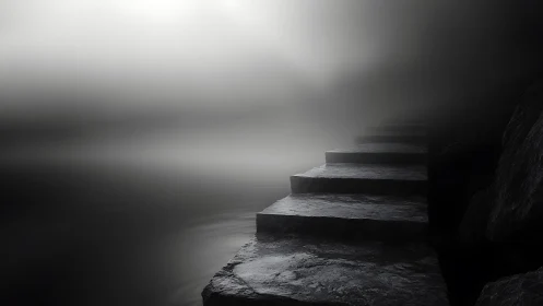 Stone steps fading into dense fog over still water.