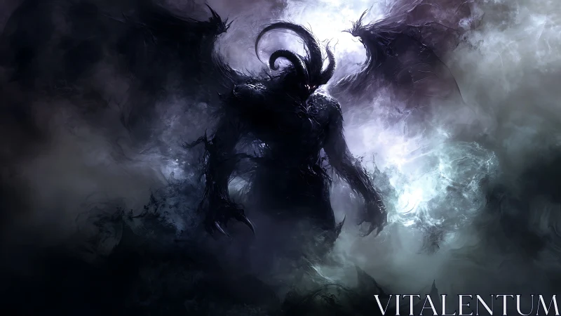 Winged shadow demon rises amid swirling infernal mist.