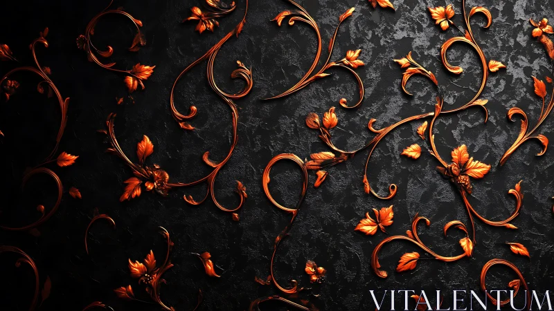 Ornate copper floral scrollwork on textured matte black backdrop