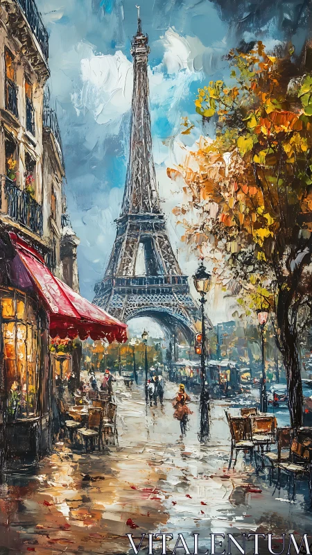 Impasto cityscape of a Parisian street with Eiffel Tower focus.