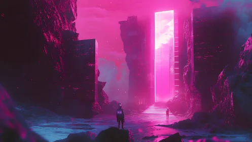 Neon Monolith Gateway in Alien Rift with Atmospheric Depth Mapping.