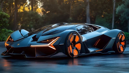 Futuristic hypercar concept with neon orange aerodynamic lighting.