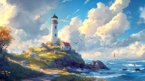 Lighthouse Structure on Coastal Hilltop with Atmospheric Clouds