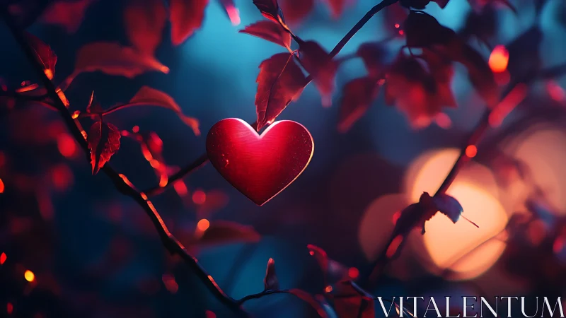 Illuminated red heart suspended among glowing branches.