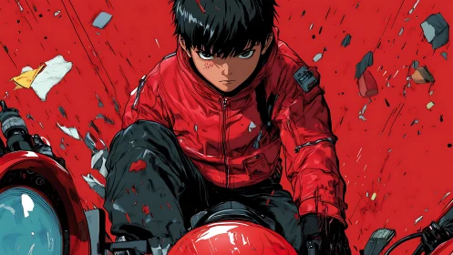Dynamic anime rider framed by radial debris and saturated reds