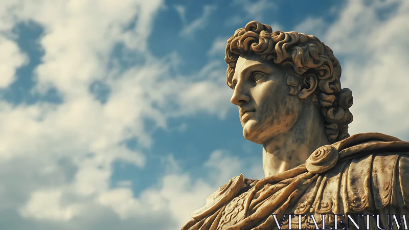 Marble hero studies the restless sky with timeless resolve