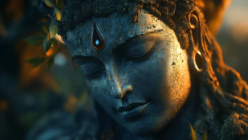 Weathered stone deity portrait in teal and amber bokeh lighting.