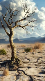 Arid basin tree under volumetric clouds on cracked playa surface.