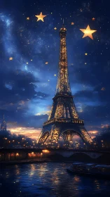 Eiffel Tower glows under dreamy star-filled Paris night
