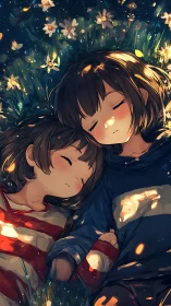 Anime nightscape portrait of sleeping siblings in meadow.