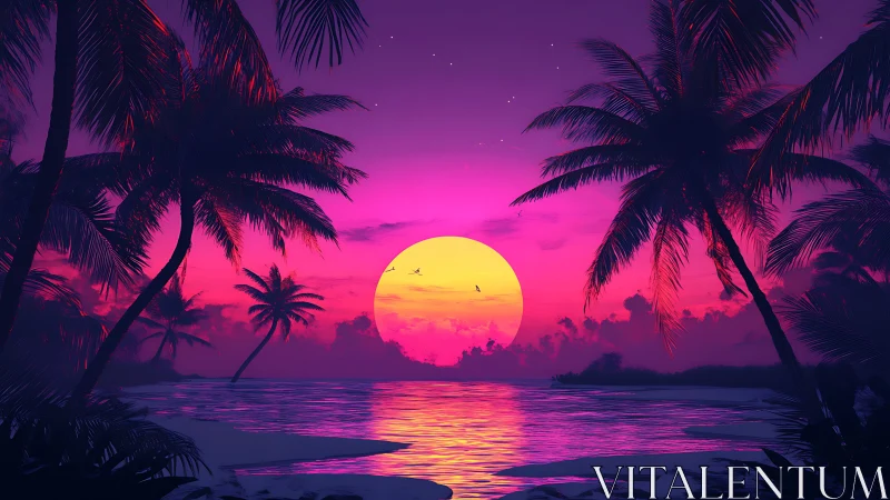 Neon dusk lagoon with electric palms and molten sun globe.