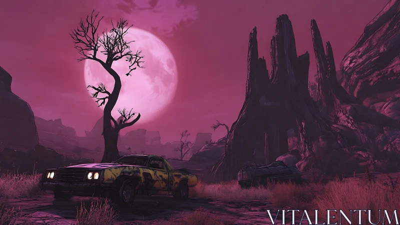 Desert roadscape with derelict cars under large full moon.