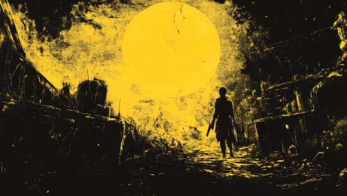 Silhouetted armed figure walks toward overexposed yellow moon portal