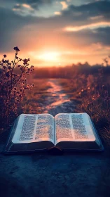 Soft sunrise light gently pours over an open Bible outdoors